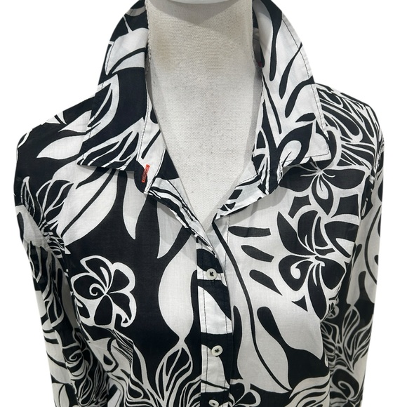 Talbots Black White Floral 100% cotton lightweight button up shirt Blouse large - Picture 4 of 9